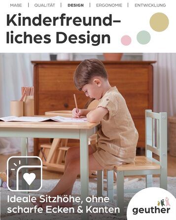 Дитячий комплект сидіння Geuther ACTIVITY Дитячий стіл з 2 стільцями, дерев&39яний Ігровий стіл для дітей віком від 1 року Комплект дитячого столу та стільців для дитячих кімнат Стіл для рукоділля та малювання для дітей Міцні меблі для дитячої кімнати, зе