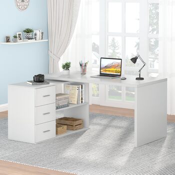 Білий L-подібний двосторонній кутовий письмовий стіл з місцем для зберігання для домашнього офісу Комп&39ютерний стіл з 3 шухлядами та 2 полицями для офісу Білий 140 см