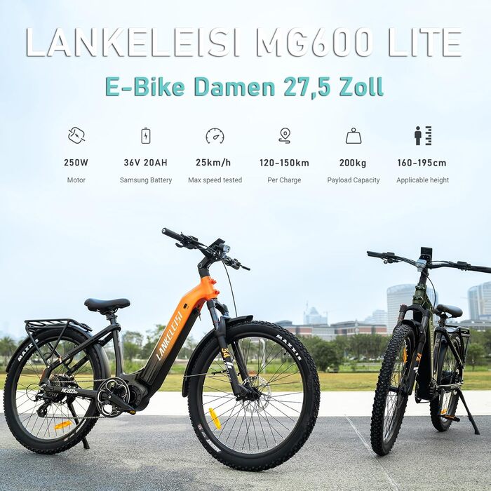 Жіночий електровелосипед LANKELEISI MG600 Lite 27,5-дюймовий електричний велосипед Step-Through з акумулятором 36 В 20 Аг, запасом ходу 150 км, 8-швидкісний чоловічий електровелосипед для міських, стежкових та дорожніх їзд, сірий