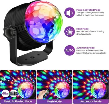 Диско-куля, диско-світло, що обертається на 360°, світлодіодна лампа для вечірки з музичною активацією, диско-світло з пультом дистанційного керування, динамічні світлові ефекти RGB потужністю 3 Вт, USB-кабель 4 м / 13 футів для вечірок, дому, Різдва, діт