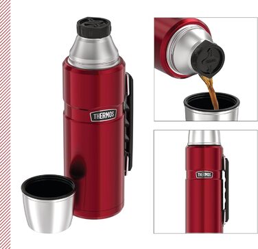 Термос-пляшка Thermos Stainless King, червона, 1,20 л - нержавіюча сталь, абсолютно герметична, з чашкою для пиття та ручкою, зберігає напої гарячими 12 годин та холодними 24 години, можна мити в посудомийній машині, без BPA, журавлина 1200 мл