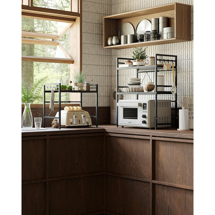 Розширювана полиця для мікрохвильової печі NETEL, 2-рівнева, полиця над мікрохвильовою піччю, підставка для мікрохвильової печі на стільницю, кухонна полиця для духовки/кавоварки, стабільна підставка для мікрохвильової печі з 8 гачками, чорна, 2-рівнева -