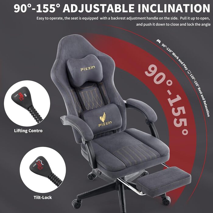 Ігрове крісло Fizzin, ергономічне ігрове крісло з висувною підставкою для ніг, регульованим підголівником, поперековою опорою