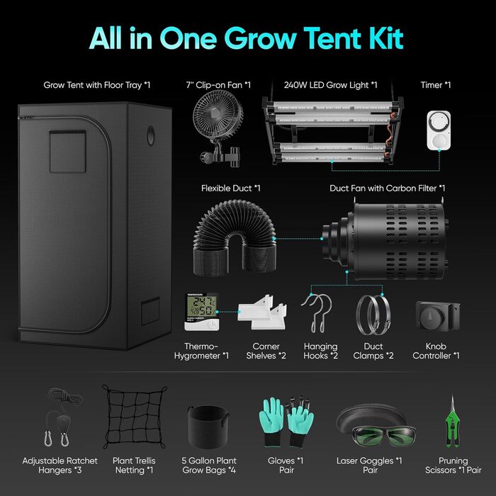 Комплект для вирощування Growzelt, 240W, 100x100x200 см LED-лампа повного спектру з вбудованим контролером та система вентиляції 17 см з вугільним фільтром, гідропонний гроубокс з термометром