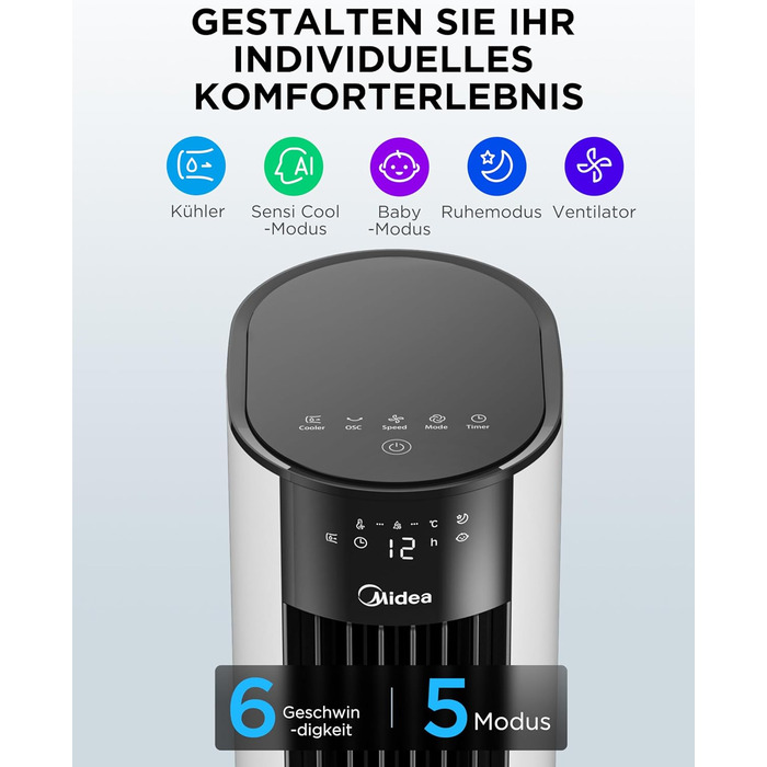Мобільний охолоджувач повітря Midea з водяним охолодженням, 7л резервуар для води, продуктивність 2000 м/год, Sensicool Smart Temp Control, іонізація, 6 швидкостей, 5 режимів, таймер на 12 годин, сенсорний дисплей, білий колір, резервуар 7л