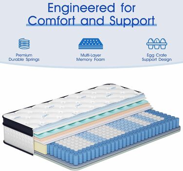 Матрац H4, гібридний матрац з пружинним ядром у формі кишенькової тканини та 7-зонною підтримкою, піна з ефектом пам&39яті ергономічний комфорт та ізоляція рухів, сертифікований Oeko-TEX та CertiPUR-US, 160x200x22 см