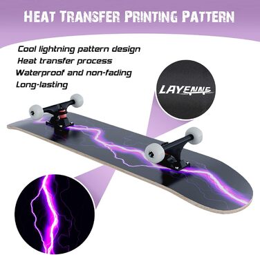 Скейтборд Blitz 31 x 8 дюймів - 8-шарова кленова дека, симетрично скошена з обох кінців, ABEC-11 підшипники, 95A PU колеса, для хлопчиків, дівчаток, підлітків, вуличних скейтбордистів, дорослих, початківців, надзвичайно широкий, фіолетовий блискавка дизай