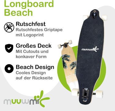 Лонгборд Muuwmi Beach Deluxe 97 см 9-шаровий клен ABEC-7 PU колеса 65x51 мм 78A top mount cruiser пляжний дизайн повний компліт для новачків карвінгу оригінал Німеччина 2025