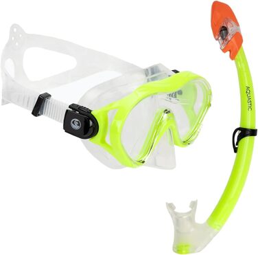 Дитячий комплект маски та трубки 2-в-1 AQUASTIC MINKE JR червоного кольору з фартухом-маскою з міцного загартованого скла та мундштуком для трубки з гіпоалергенного силікону для моря та відпустки зеленого кольору