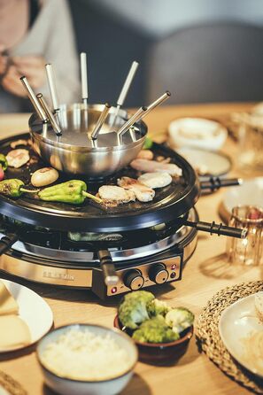 Комбінація SEVERIN Raclette-fondu, 1900 Вт, раклет на 8 осіб з каменем для гриля, комбінація раклету і фондю 2 в 1 з 8 сковородами, скребками і виделками для фондю, RG 2348