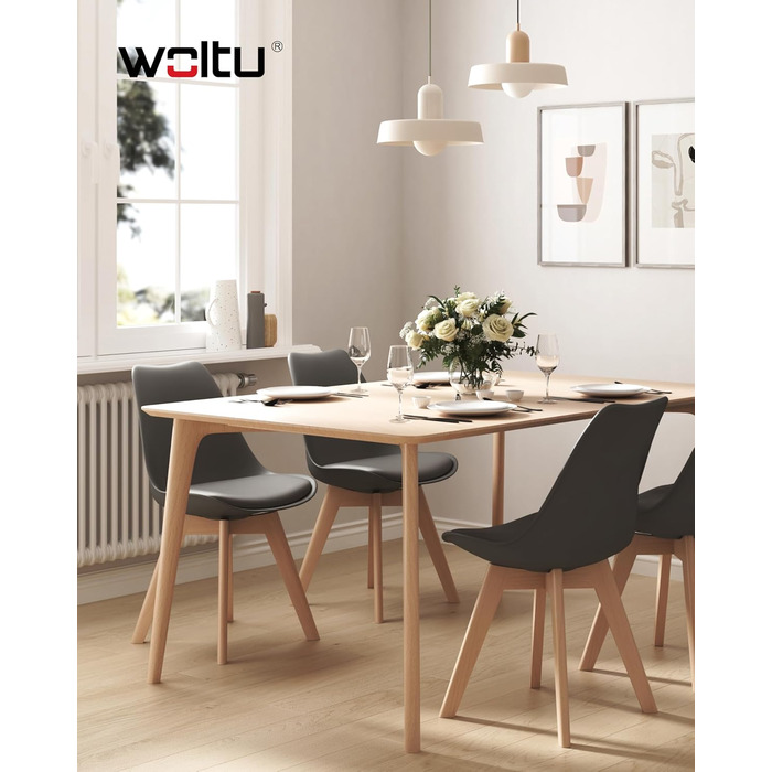 Обідні стільці WOLTU, Комплект з 4 шт. , Скандинавські кухонні стільці, Ретро-дизайн, Сидіння зі штучної шкіри, Ніжки з масиву дерева, Вантажопідйомність до 150 кг, Сірий, Комплект з 4 шт.