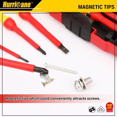 Набір викруток HURRICANE 13 предметів, ізольований 1000 В, Cr-V з магнітними наконечниками. 4 плоскі, 2 хрестоподібні, 2 Pozidriv, 3 Torx-біти, 1 індикатор напруги та 1 ручка. Ідеально підходить для професійного ремонту.