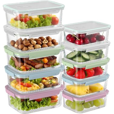 Контейнери для зберігання продуктів MerryNine з кришками, 10 скляних контейнерів для приготування їжі, герметичні скляні ланч-бокси, герметичні, для використання в мікрохвильовій печі, духовці, морозильній камері та посудомийній машині.