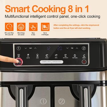 Аерофритюрниця двокамерна 9 літрів, фритюрниця XXL з 2 незалежними ящиками 4.5 л, 8 автоматичних програм, фритюрниця зі світлодіодним сенсорним екраном, функції Smart Finish & Match Cook