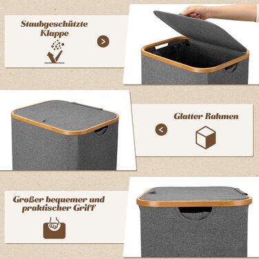 Кошик для білизни з кришкою 105 л кошик для білизни складаний з тканини Оксфорд 600D зі знімним мішком для білизни бамбуковий ящик