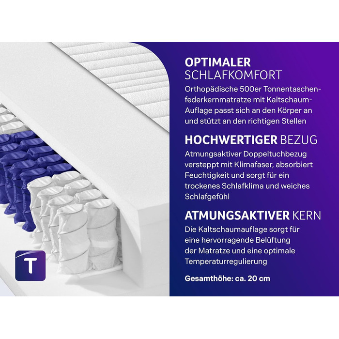 Матрац Traumnacht Premium 7-Zone 500 з пружинами Pocket Spring, рівень жорсткості 4 (H4), 90 x 200 см, сертифікований ko-Tex, виготовлений відповідно до німецьких стандартів якості, рівень жорсткості 4 - жорсткий, 90 x 200 см