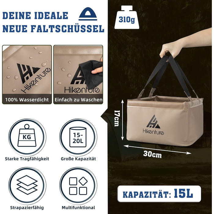 Складана чаша для кемпінгу 15 л/20 л, складне відро для кемпінгу, міцне брезентове відро, чаша для миття, ванна для миття посуду, рибальське відро для полоскання та охолодження (15 л, хакі) - D1 Square-хакі 15 л