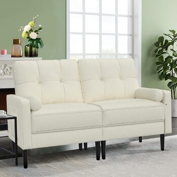 Місний диван, невелика кушетка з 2 подушками та підлокітниками, лляний диван у стилі середини століття для вітальні, спальні, бежевий кремовий колір, 2-