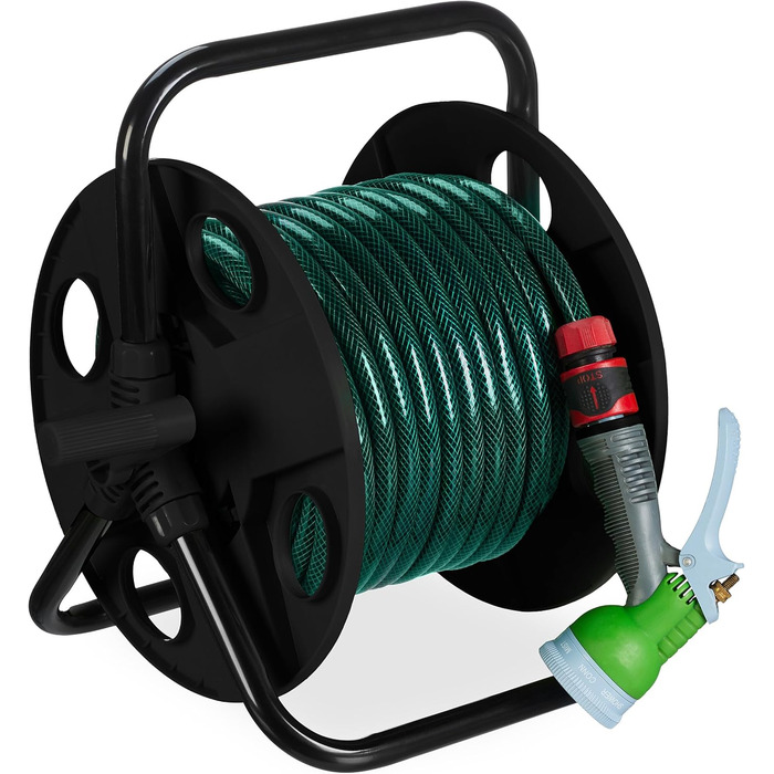 Котушка для шланга Relaxdays, для 30 м шланга 1/2, сталь, пластик, тримач шланга, ВхШхГ 38 x 42 x 31 см, чорний