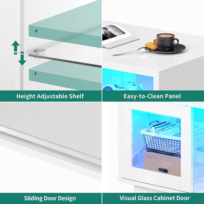 Білий журнальний столик YITAHOME, глянцевий стіл для вітальні з сучасним світлодіодним освітленням, білий бічний столик з відкритою регульованою полицею для демонстрації, 80x40x45 см