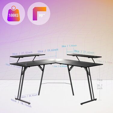 Ігровий стіл UISEBRT L-подібної форми 120 x 120 см з підставкою для монітора, ергономічний великий комп&39ютерний стіл з вуглецевого волокна, кутовий стіл для домашнього офісу - чорний