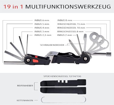 Велосипедний мультиінструмент CLEMENS 19-в-1 - Багатофункціональний велосипедний інструмент - Компактний велосипедний інструмент з ремонтним набором - З сумкою для велосипеда, що кріпиться