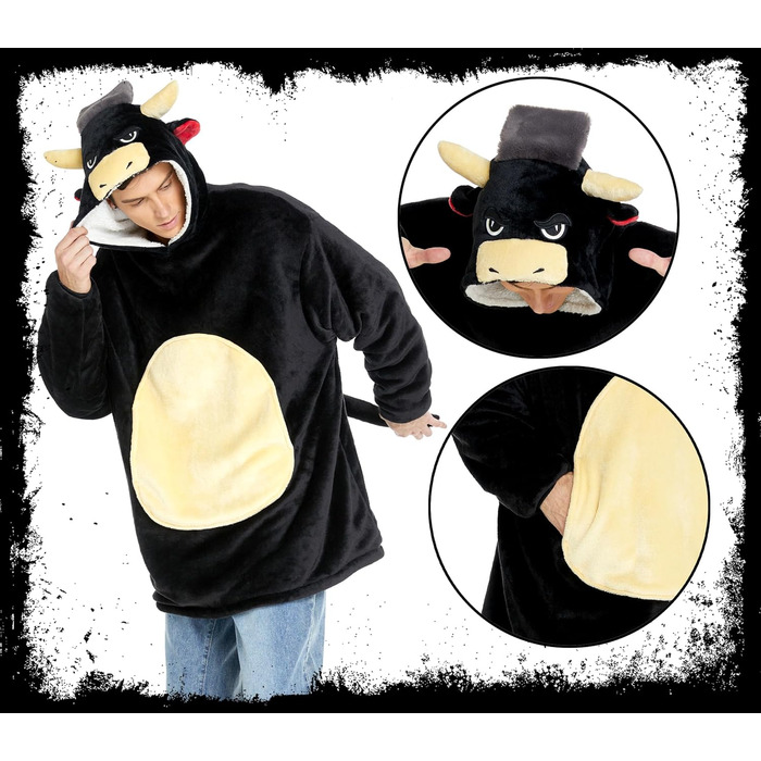 Костюм бика dressfan, худі, карнавальний костюм на Хелловін, тепла м&39яка портативна ковдра з мікрофібри та шерпи з рукавами та капюшоном для жінок та чоловіків, чорний, один розмір