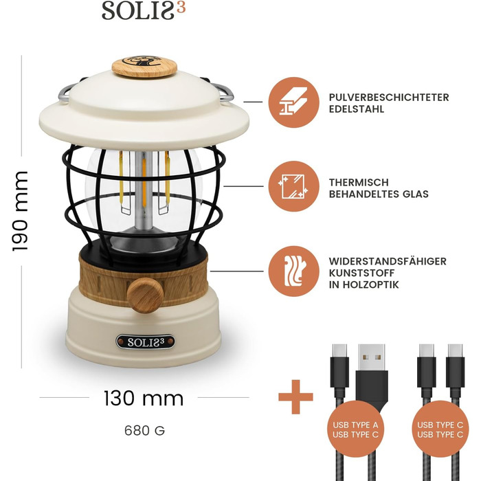 Кемпінговий ліхтар Castra Camping Gear Solis 3, акумуляторна батарея 8000mAh з інтегрованим павербанком, світло з регулюванням яскравості, водонепроникний вуличний світлодіодний ліхтар IP44, світло для походів (кремово-білий (ефект дерева))