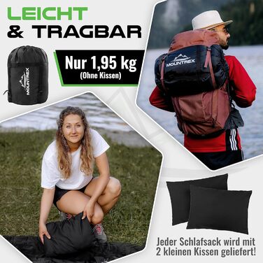 Подвійний спальний мішок MOUNTREX - Літній спальний мішок для 2 осіб (210 x 150 см), Спальний мішок-ковдра - XXL Літній спальний мішок з 2 подушками для дорослих - Кемпінг, на природі та в приміщенні, чорний
