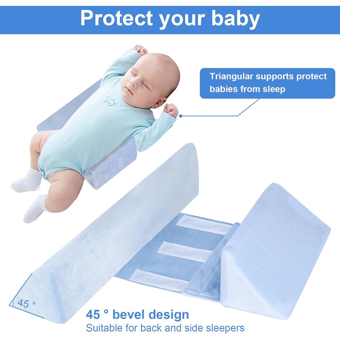 Позиціонуюча подушка, клиноподібна подушка 43x10x10 см, регульована, подушка з боковою підтримкою, знімна позиціонуюча подушка, ватний диск зі спинкою, подушка для сну на боці з антискочуванням, синя