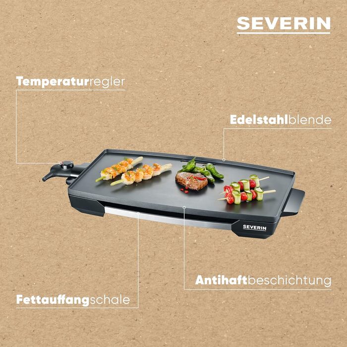 Гриль SEVERIN Table для м'яса, риби та овочів, плита XXL Teppan Yaki з антипригарним покриттям, електрогриль з піддоном для крапель жиру та регулятором температури, чорний, KG 2397