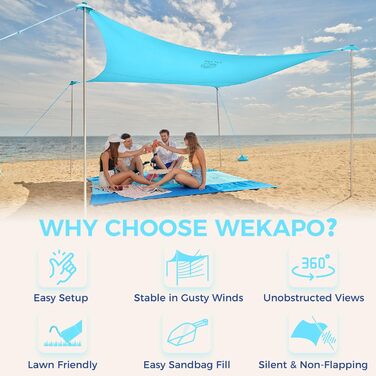 Пляжний намет WEKAPO, сонцезахисний навіс, легко встановлюється, пляжний навіс з 4 міцними жердинами, великими мішками з піском та лопатою, висотою 1,8 м, вітрозахисний сонцезахисний навіс для саду та кемпінгу, UPF 50 синій, 8x8 футів, 4 стійки