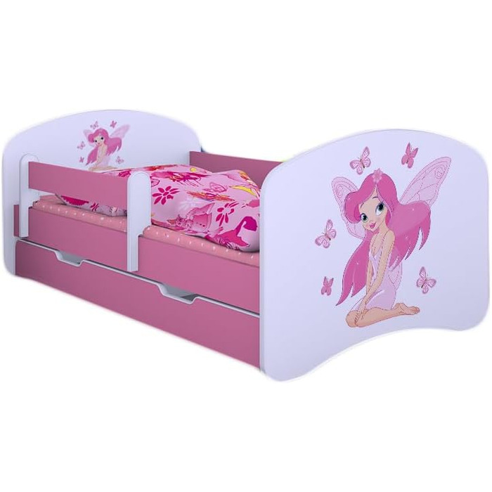 Дитяче ліжко Happy Babies - з матрацом, шухлядою та захистом від падіння, 80x160, дитяче ліжко для дівчаток та підліткове ліжко, дитяче ліжко для хлопчиків, підліткове ліжко для малюків, висувне ліжко на рівні підлоги, рейкова основа