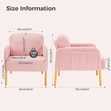 Крісло Mondeer, одномісний диван з бічною кишенею та металевими ніжками, зручна тканина зі штучної овчини, сучасний, для вітальні, спальні, кабінету, 63 x 75 x 75 см, рожевий.