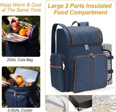 Рюкзак для пікніка на 4 особи, набір кошиків для пікніка, герметична сумка для пікніка, пляжний рюкзак-холодильник з ізольованою сумкою-холодильником, ковдра для пікніка, кемпінг, парк, темно-синій