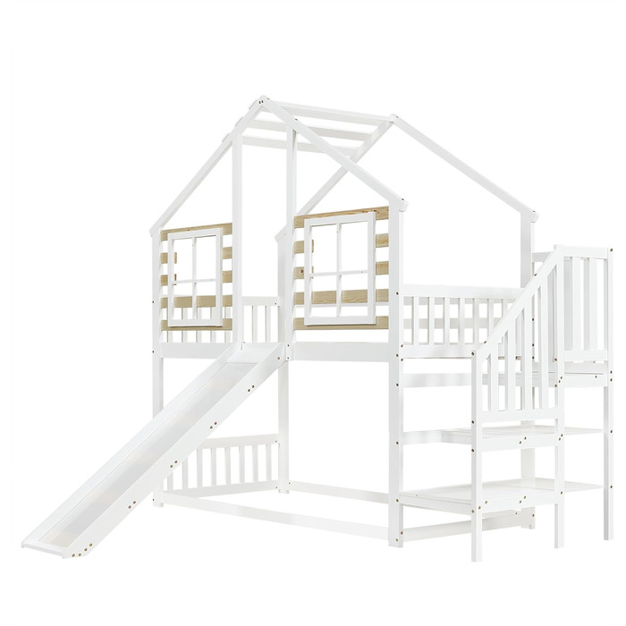 Дитяче двоярусне ліжко 90x200, ліжко-горище, дерев&39яне ліжко-будиночок зі сходами та гіркою, каркас ліжка із захистом від падіння та поручнями, ліжко з рейковою основою, каркас ліжка з масиву дерева, без матраца, білий колір
