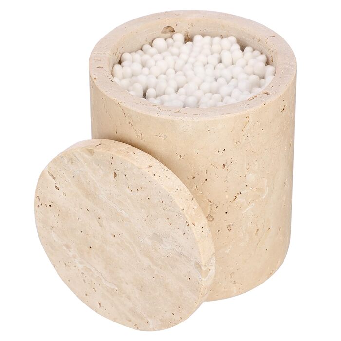 Травертиновий круглий сучасний ватний диск-диспенсер для ватних дисків з кришкою, тримач для макіяжу, для ванної кімнати, спальні, туалетного столика, раковини, готелю, офісу, жіночі подарунки (9,3x11,5 см)