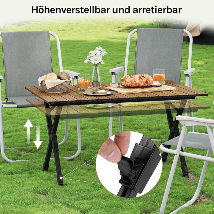 Складаний кемпінговий стіл WOLTU, легкий алюмінієвий складаний стіл, невеликий садовий стіл, регульований по висоті пікніковий стіл, з сумкою для зберігання, вантажопідйомність 50 кг, стіл для балкону або саду, дерев&39яний вигляд