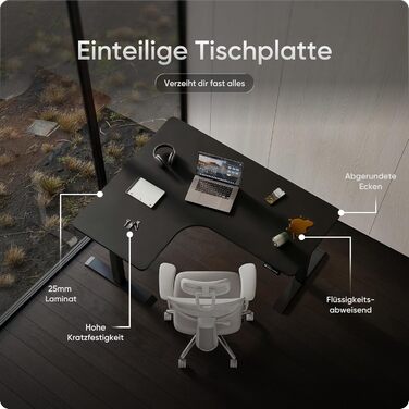 Кутовий стіл, регульований по висоті (електрично) із захистом від зіткнень та функцією пам&39яті, 10-річна гарантія (чорний каркас, чорна стільниця, 160 x 130 x 70 см)