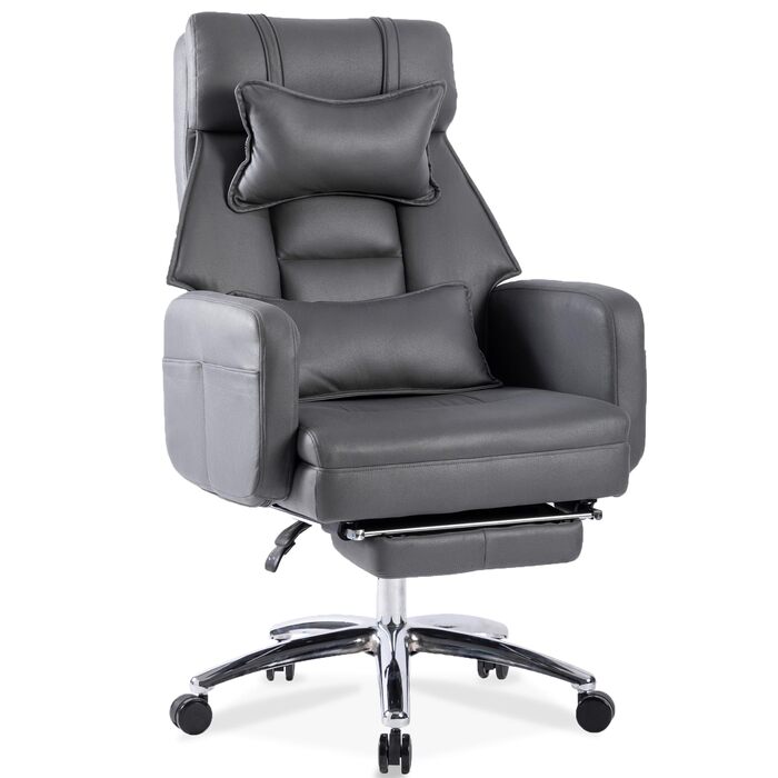 Ергономічне крісло керівника XXL, регульоване на 155 з підставкою для ніг, підголівником та поперековою опорою, металева основа, вантажопідйомність 230 кг, S-подібна пружина товста комфортна піна, темно-сірий колір