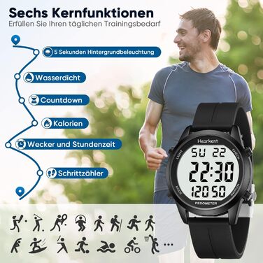 Чоловічий годинник-крокомір (без застосунку чи телефону), цифровий годинник з великими цифрами, водонепроникний 30 м, фітнес-трекер з крокоміром та лічильником калорій, повністю чорний