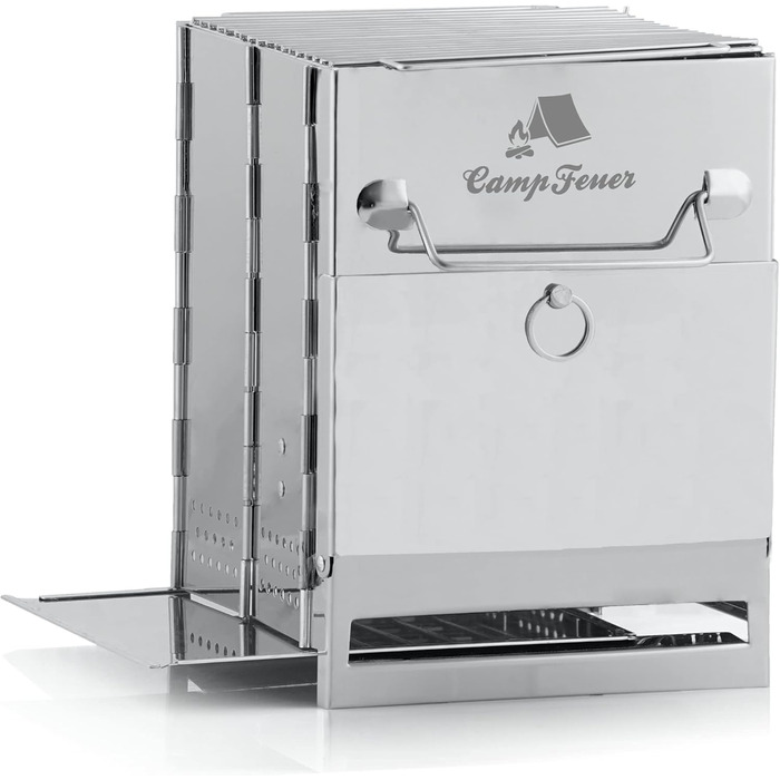 Складаний гриль з нержавіючої сталі CampFeuer 22 x 20,5 x 27 см Складаний гриль Кемпінговий гриль для походів та використання на свіжому повітрі Складаний портативний гриль, портативний кишеньковий гриль, сріблястий кемпінговий гриль