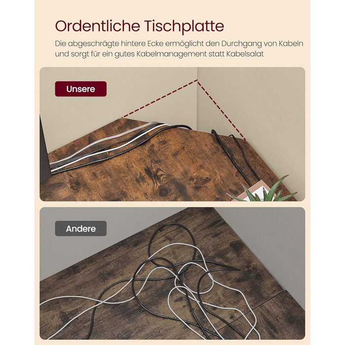 Кутовий письмовий стіл VASAGLE, L-подібний комп&39ютерний стіл, 129 x 129 x 76 см, компактний офісний стіл, домашній офіс, ігровий, вінтажний коричневий-чорний LWD124K01 Вінтажний коричневий чорний 129 x 129 см без полиць