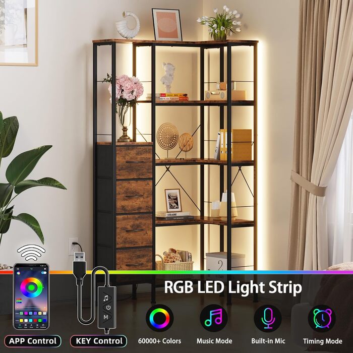 Ярусна кутова полиця, стояча, зі світлодіодним освітленням та 4 шухлядами, полиця, книжкова шафа, кухонна полиця, полиці, кутова шафа, для вітальні, спальні, офісу, кухні, вінтажний коричневий, 5-