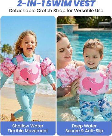 Дитячий плавальний жилет Gogokids з крильцями для плавання для дітей віком 15-30 кг, сертифікований засіб для плавання EN 13138-1 для дітей віком 2-6 років, плавальна локшина для малюків з крильцями для басейну, пляжу та плавання, світло-рожевий