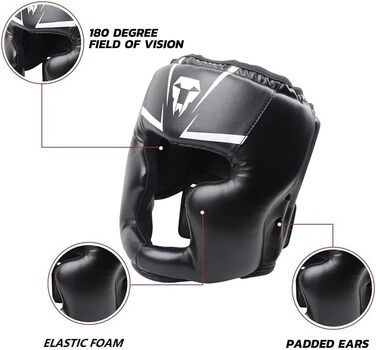 Боксерський шолом LangRay для дітей та дорослих, шкіряний боксерський шолом, захист обличчя для муай-тай, високе поглинання ударів з ідеальною видимістю та гарним поглинанням поту для бойових видів спорту, MMA, боксу, кікбоксингу, спарингу, розмір S, чорн