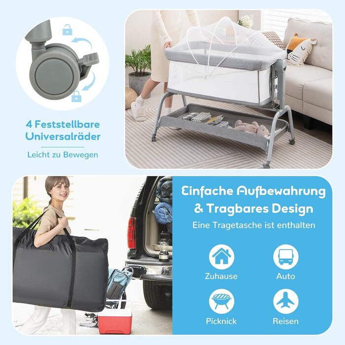 Дитяче ліжечко DREAMADE 3 в 1, дорожнє ліжечко 90 55 см з матрацом, москітною сіткою та 4 колесами, 6-рівнева регульована висота колиска з функцією відкидання, дитяча колиска для немовлят 0-6 місяців (сіра)