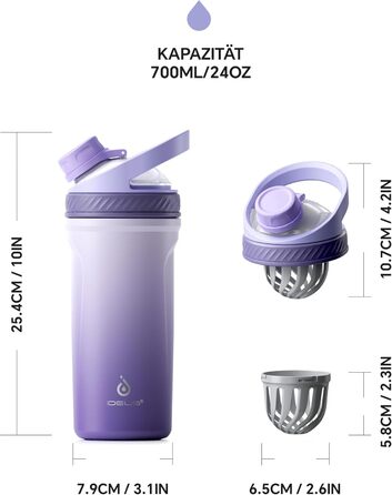 Протеїнова пляшка Ideus Shaker 700 мл (24 унції), двостінна спортивна пляшка з нержавіючої сталі з кулькою для змішування, металева протеїнова пляшка з кулькою для змішування, без BPA, герметична кришка (фіолетовий колір)