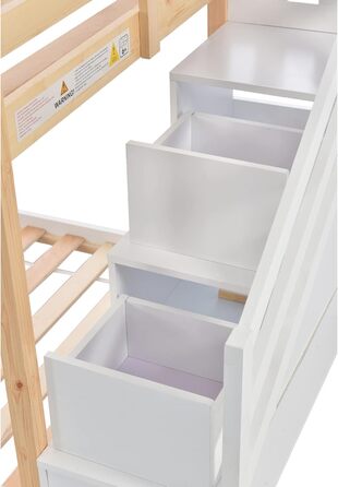 Дитяче двоярусне ліжко LATICO з шухлядою та поручнями, соснове ліжко-будиночок для дітей з драбиною, 2 рейкові основи, натуральний та білий - 244,5 x 96 x 193 см (Ш/В/Г), матрац не входить до комплекту, натуральний колір з шафками