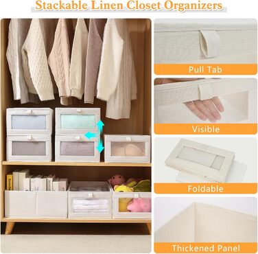 Набір із 4 органайзерів для гардеробу, коробки-органайзери для шафи з прозорими шухлядами, складні коробки для зберігання, 42 x 27,5 x 17 см, для штанів, сорочок, одягу, бежевий стиль 1 4L